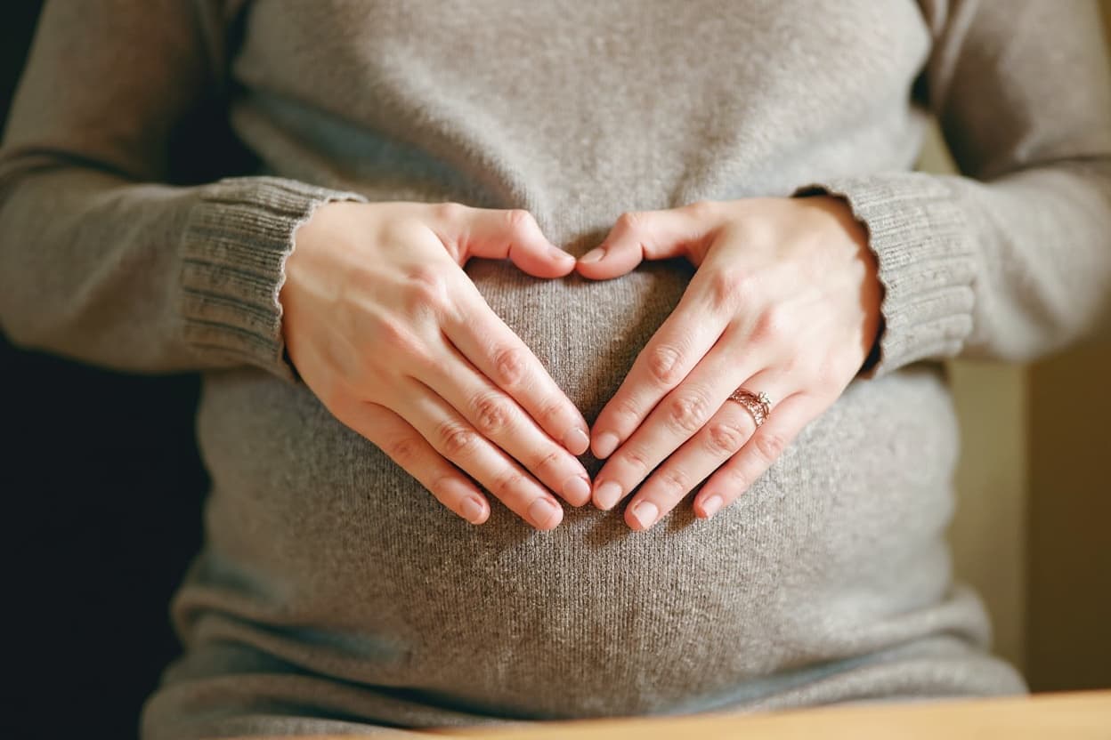 Hands forming a heart over a baby bump in warm morning light