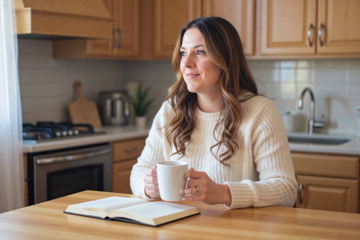 A woman with tea and a journal at her kitchen table in soft morning light, planning calmly